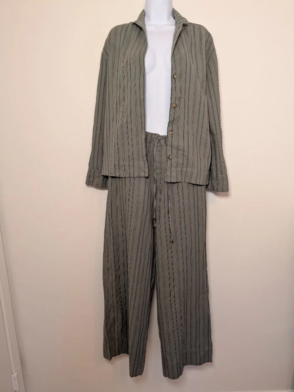 Zara Linen Blend Matching Set Womens M Green Striped Shirt & Wide Leg Pants NWT